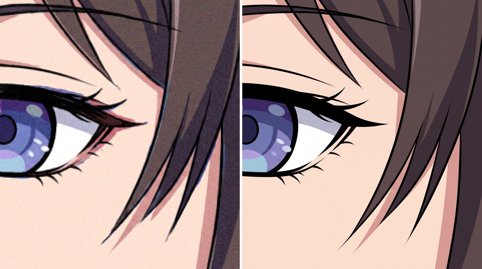 Close-up of line art before and after anime-specific upscaling