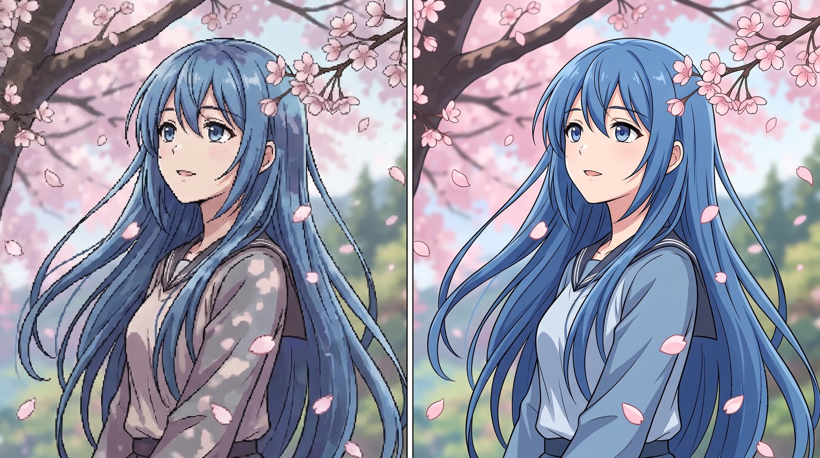 Low resolution anime illustration compared with clean AI upscale