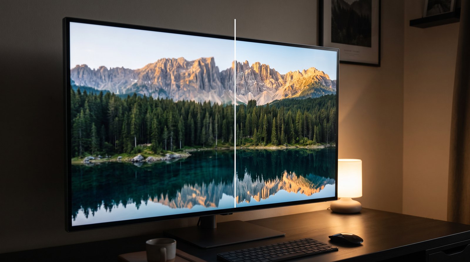 Low-resolution landscape wallpaper next to its sharp 4K upscale on a monitor