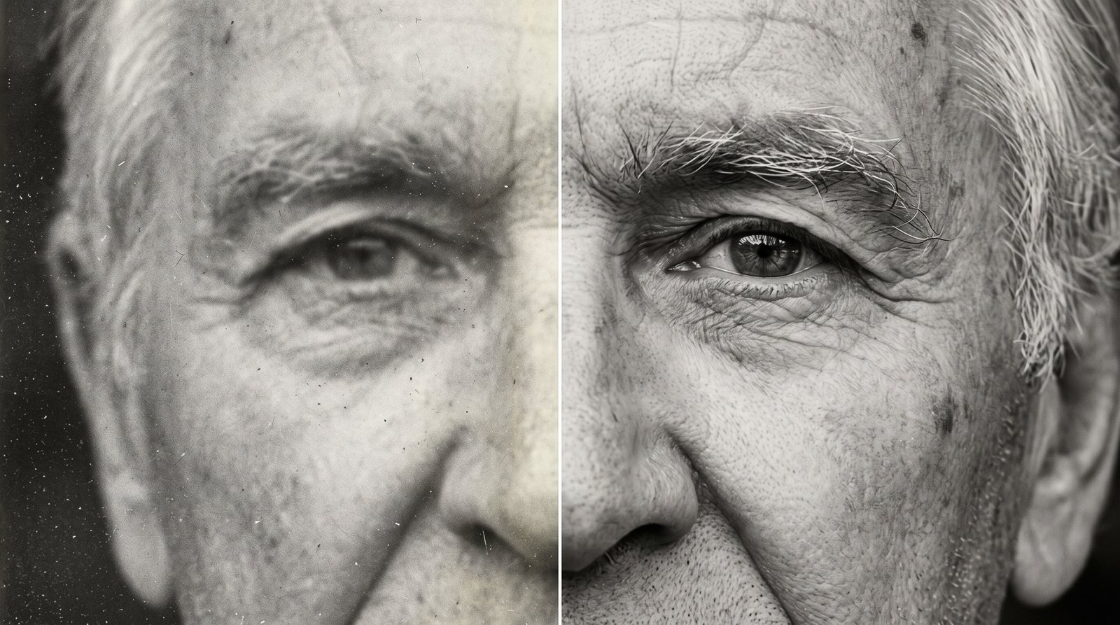 Close-up of a restored portrait showing recovered detail in eyes and hair