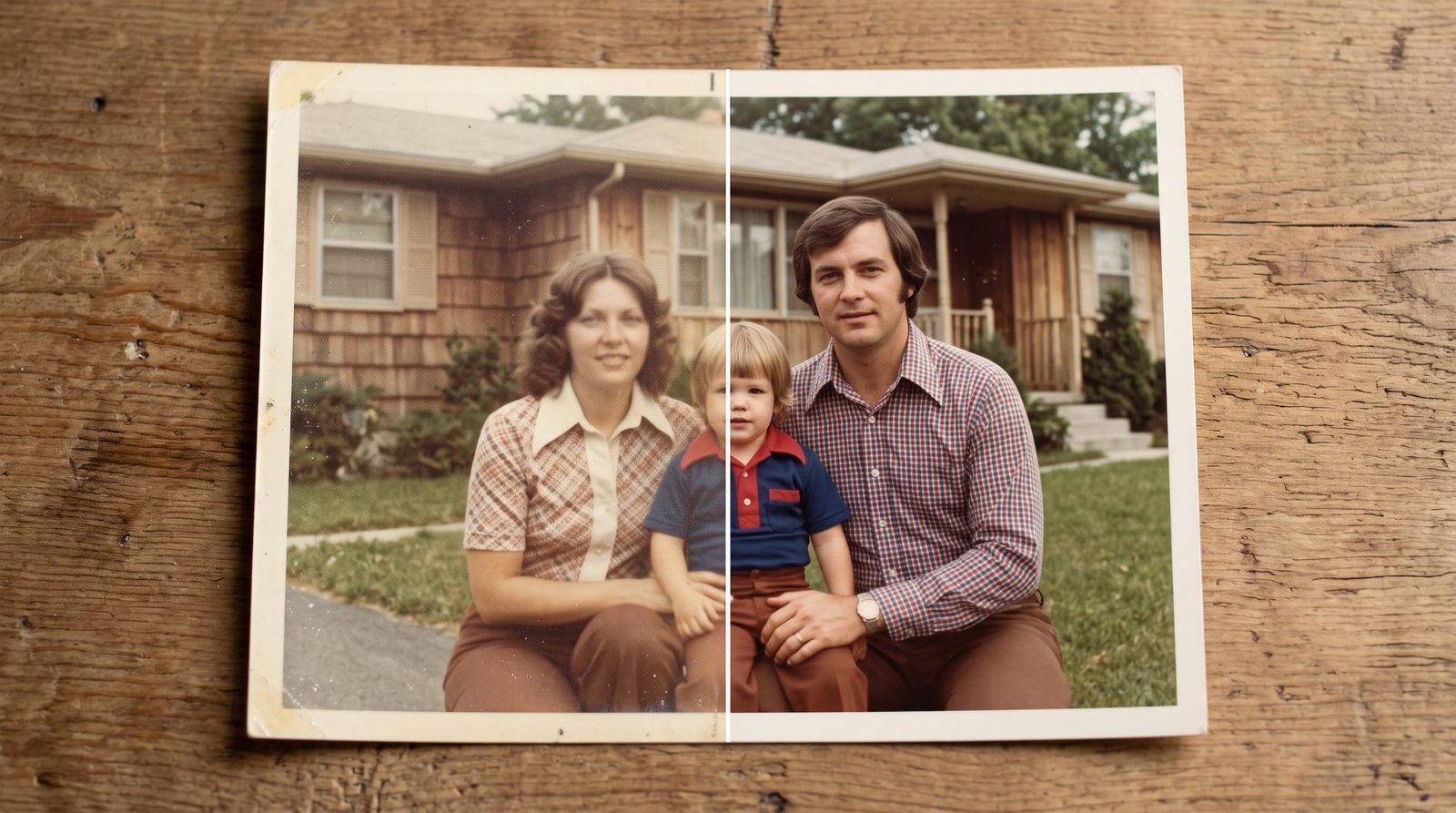 Faded vintage family photo before and after AI restoration