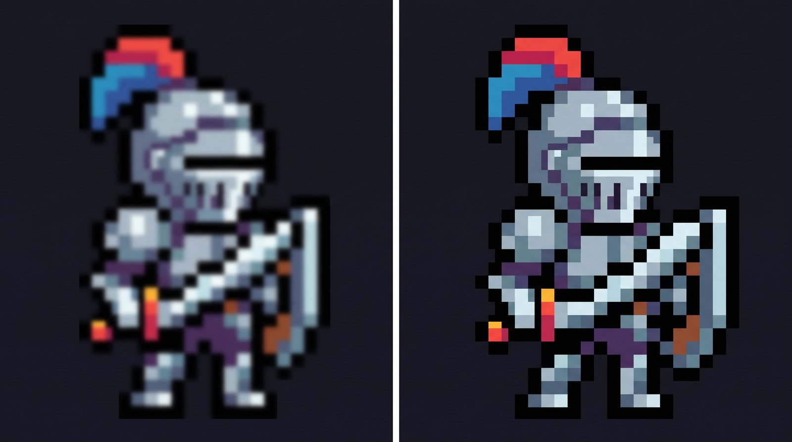 Pixel art sprite enlarged with bilinear blur versus crisp nearest-neighbor scaling