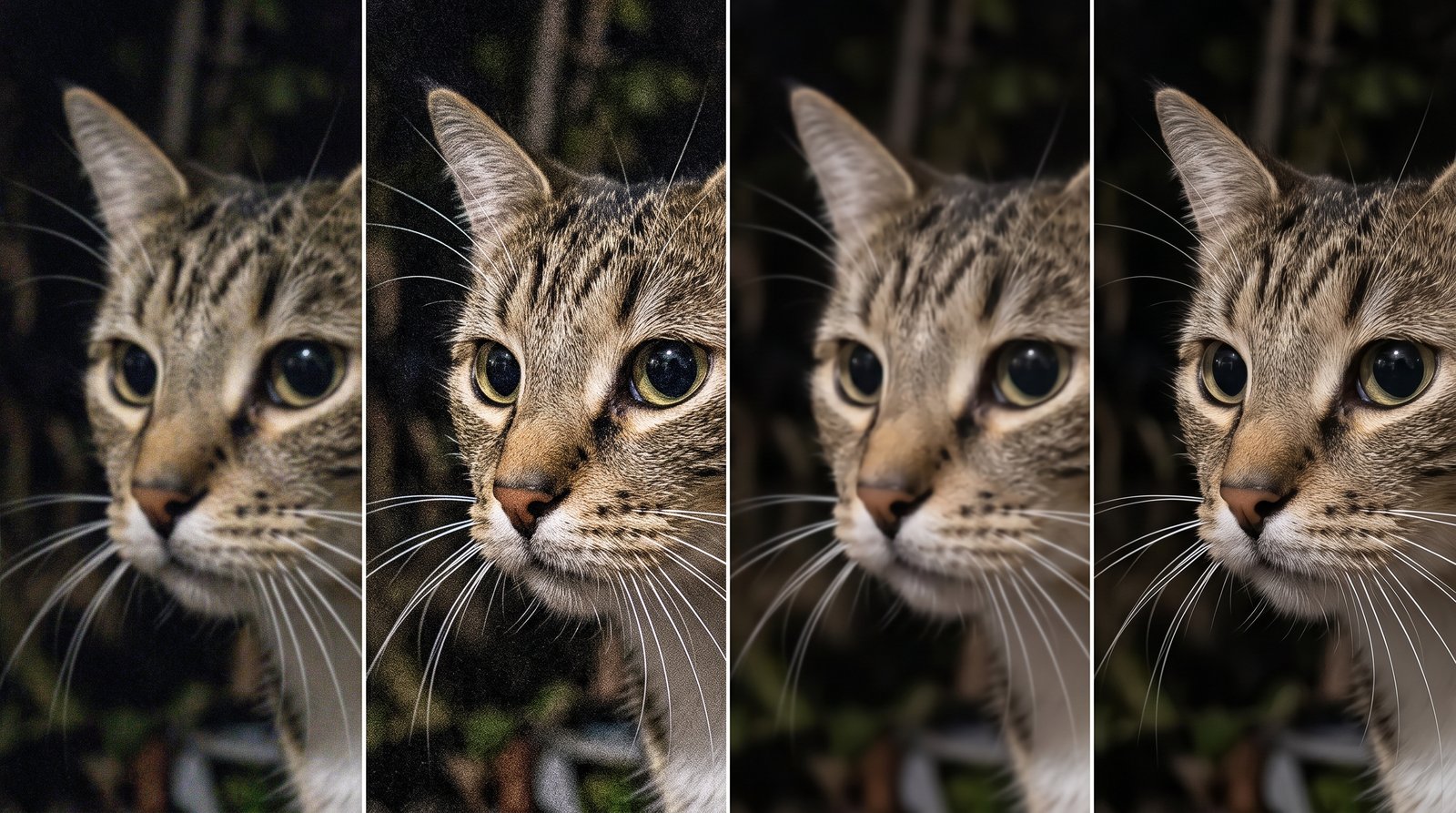 Same photo processed with sharpen, denoise and AI upscale side by side