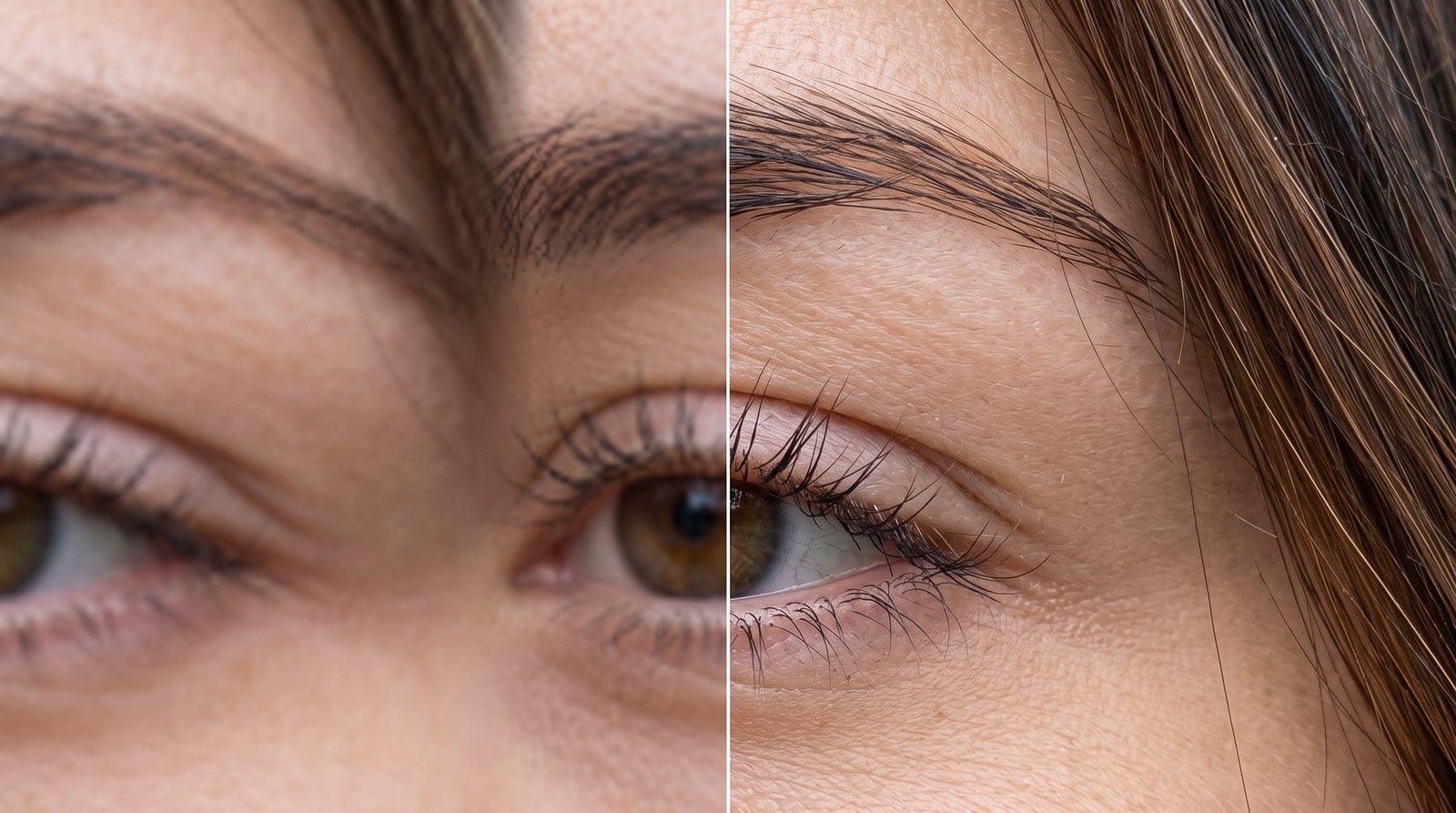 Zoomed crop comparing bicubic and AI upscaling on hair and text edges